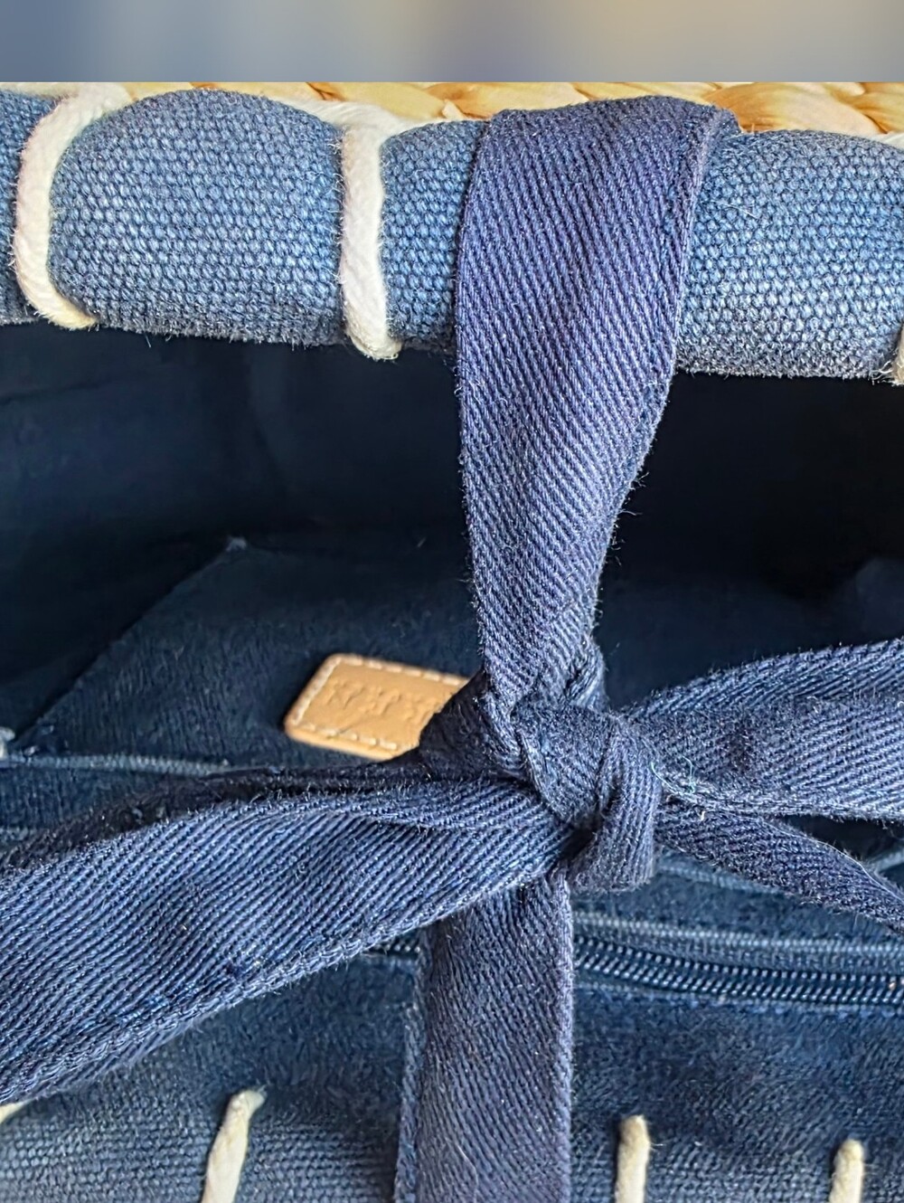 Lauren Ralph Lauren Straw Basket Tote Navy Canvas Leather Trim Coastal Beach Bag - Picture 8 of 14